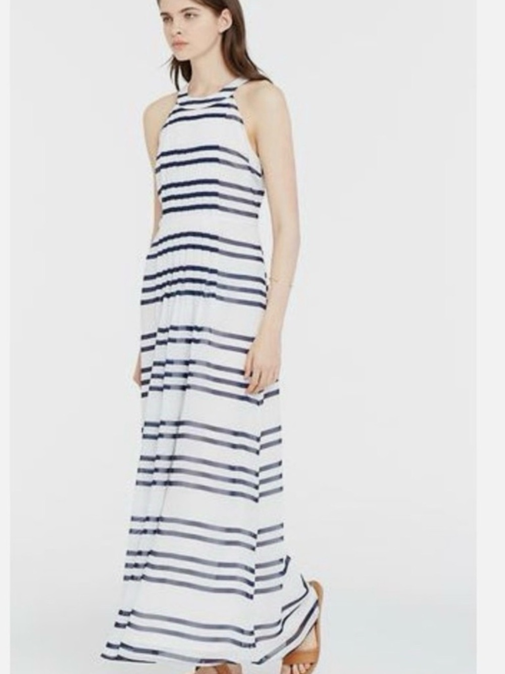 Striped Halter Maxi Dress - White & Navy